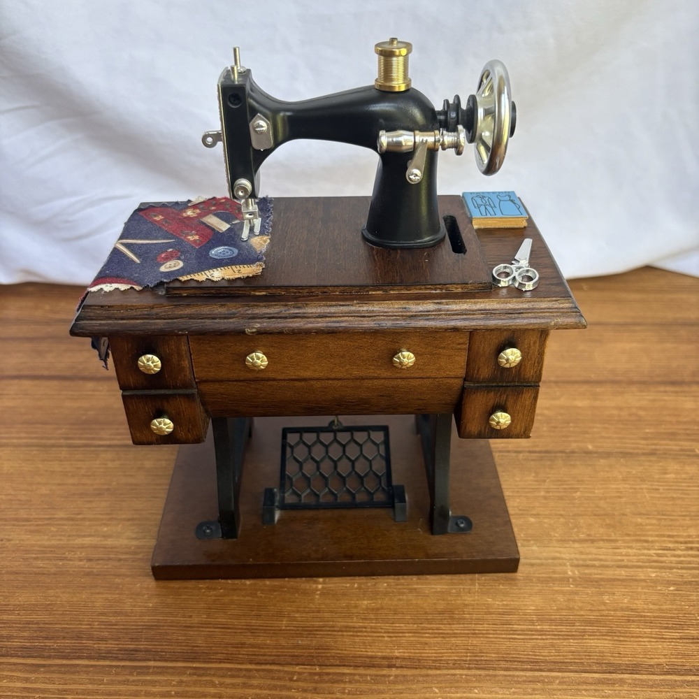 Vintage Mini Sewing Machine Music Box Wood Desk Mechanical Moving Treadle Pedal